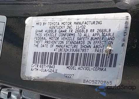 2003 Toyota Camry Le из США, поврежденный, VIN 4T1BE32K33U667857